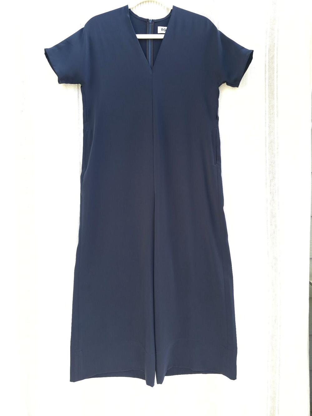 ROUCHA Jumpsuit Womens AA Small Navy V-Neck Pockets Wide Leg Minimalist Workwear